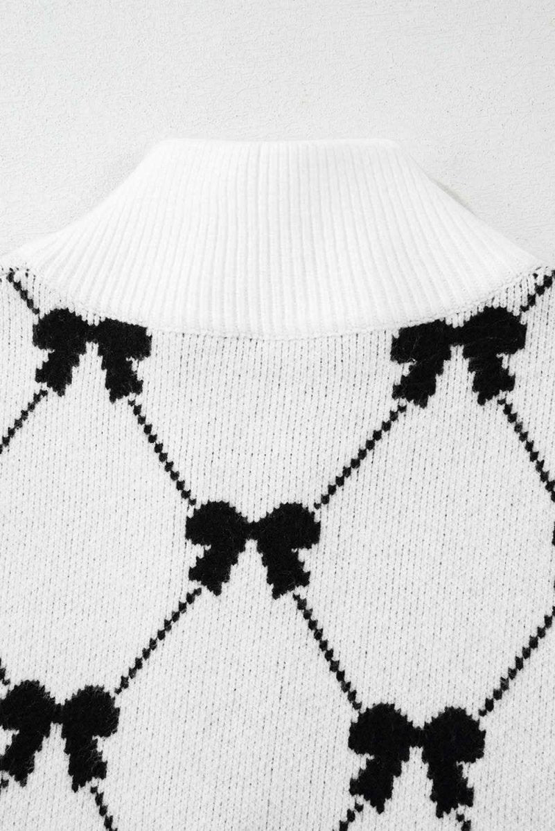 Chic Black Bow Print Zipped Collar Short Sleeve Sweater Tee - Love Salve